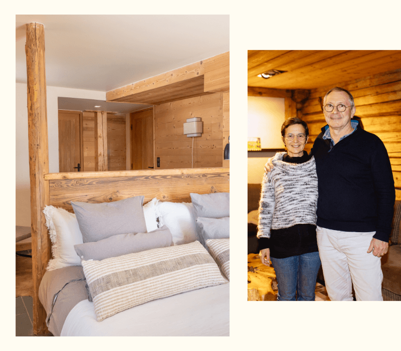Chambre du chalet et Fabienne et Olivier, les propriétaires